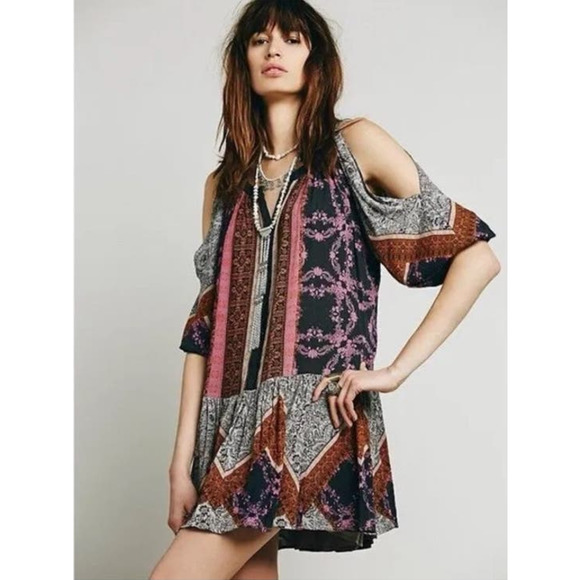 Free People Portobello Road Boho Hippie Tunic Cold Shoulder Dress Size XS - Picture 3 of 11
